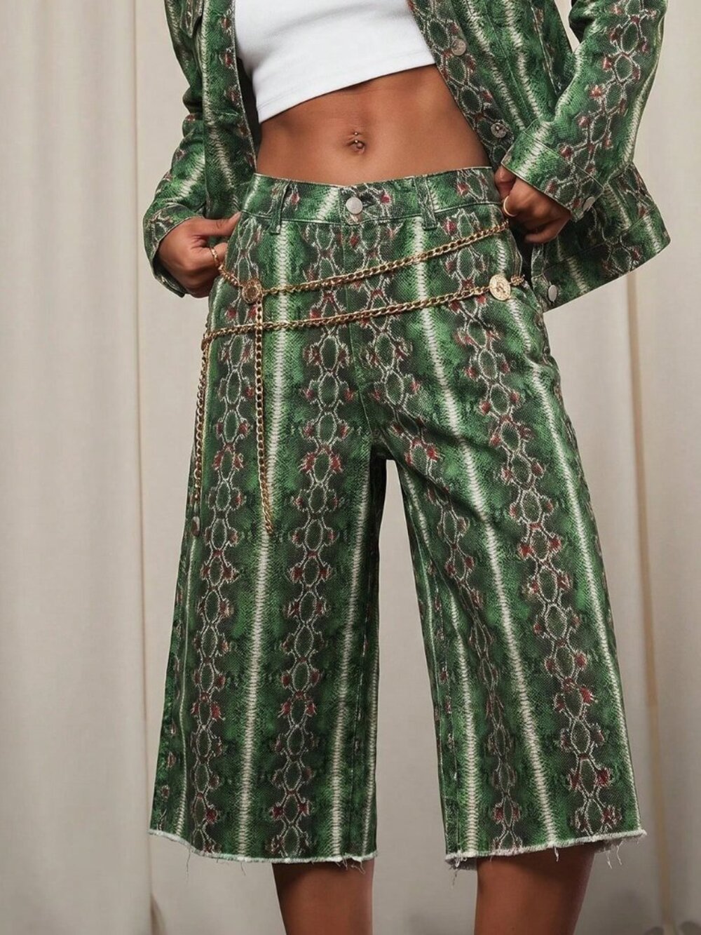 Green Casual Women's Baggy Zipper Fly Loose Capri Wide Leg Jeans